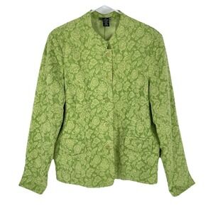 Dialogue Floral Jacket Women's Size XL Green Button Front Tone On Tone Lined